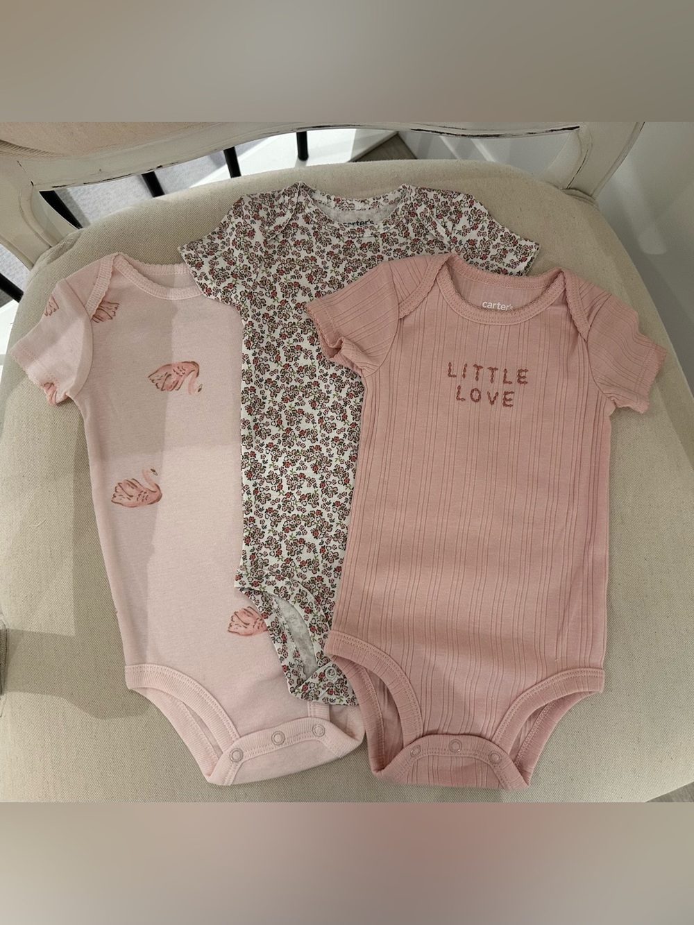 🦢 3~6 Mth 100% Cotton Pink Swan, Floral & Ribbed Baby One-Piece Set - 3 Pack NWT